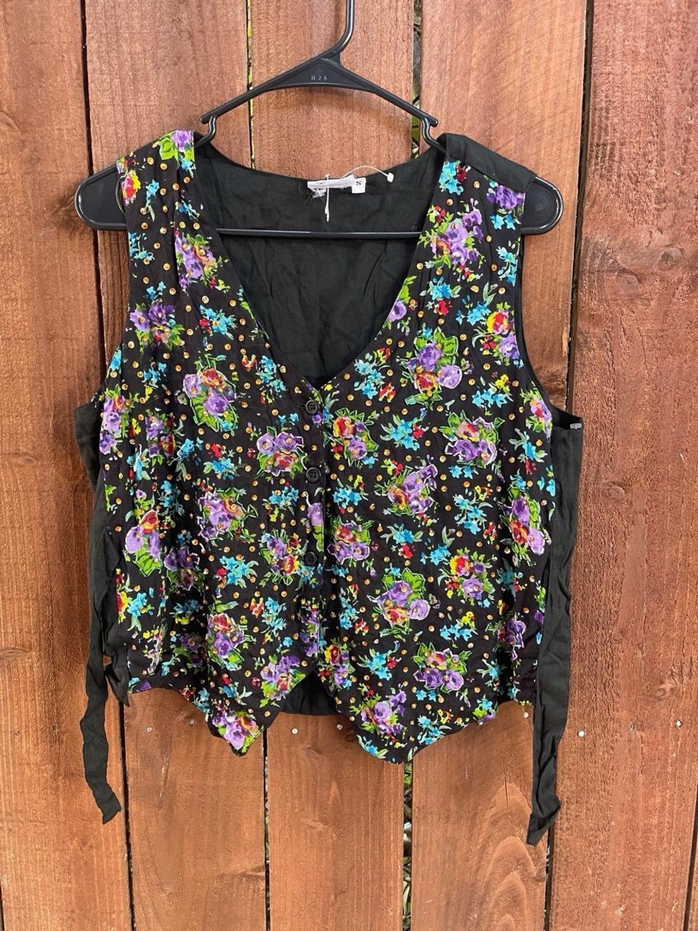 Black Lightweight Floral Beaded Colorful Whimsy Vest w Tie Waist Sz Sm
